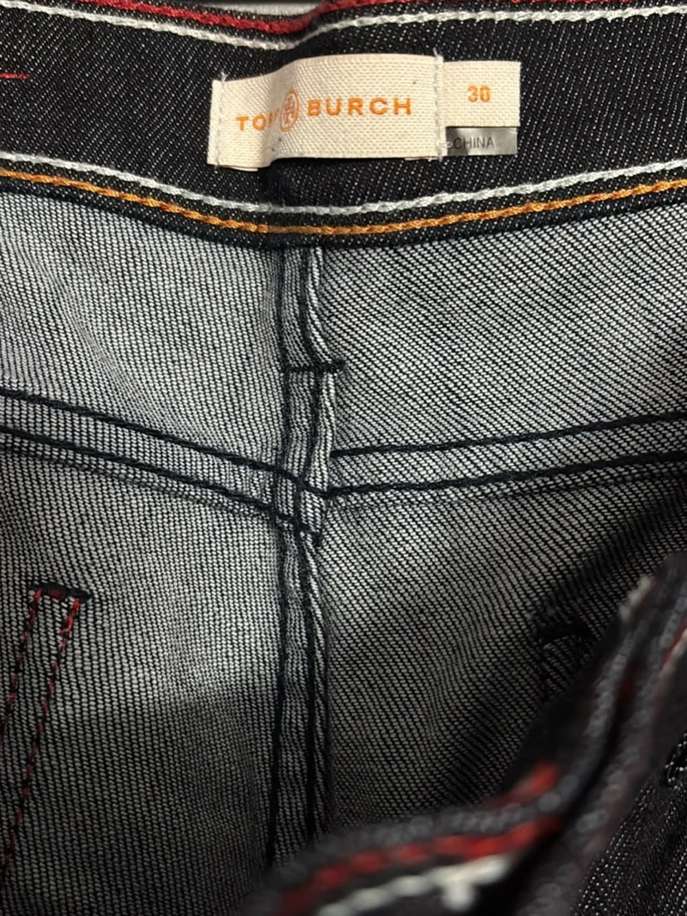 Tory Burch Black Jeans with Red Side Stitching